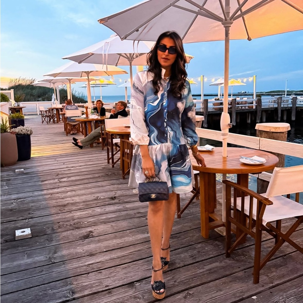 Blue and white swirl dress